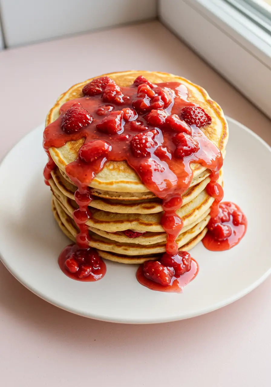 Strawberry pancakes on a white plate.