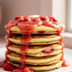 Strawberry pancakes placed on a white plate against a light pink surface.