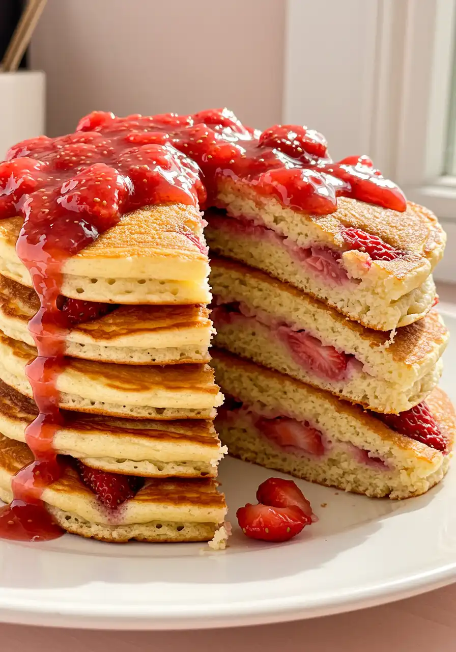 Strawberry pancakes on a white plate with a big serving missing.