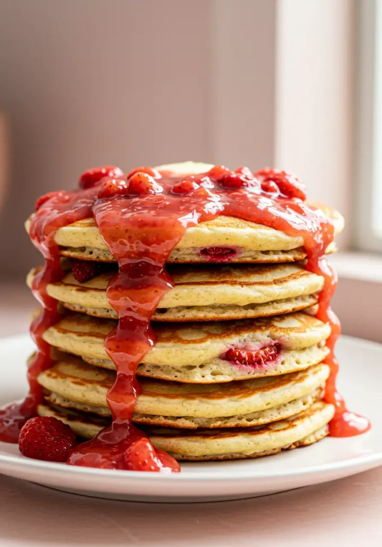 Strawberry pancakes placed on a white plate against a light pink surface.