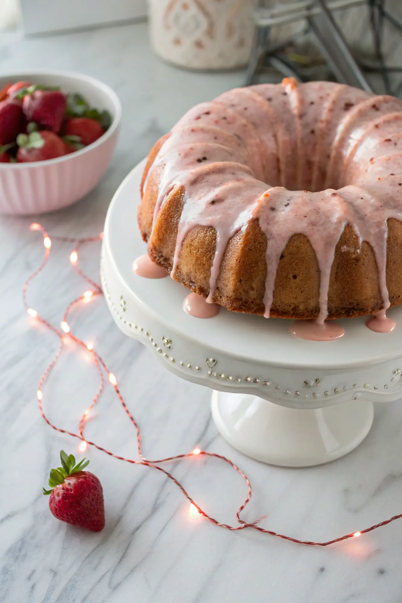 Strawberry Pound Cake on a white cake stand and pink LED string lights glow gently beside the cake stand.