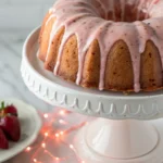 Strawberry Pound Cake on a white cake stand, topped with a fresh strawberry glaze.