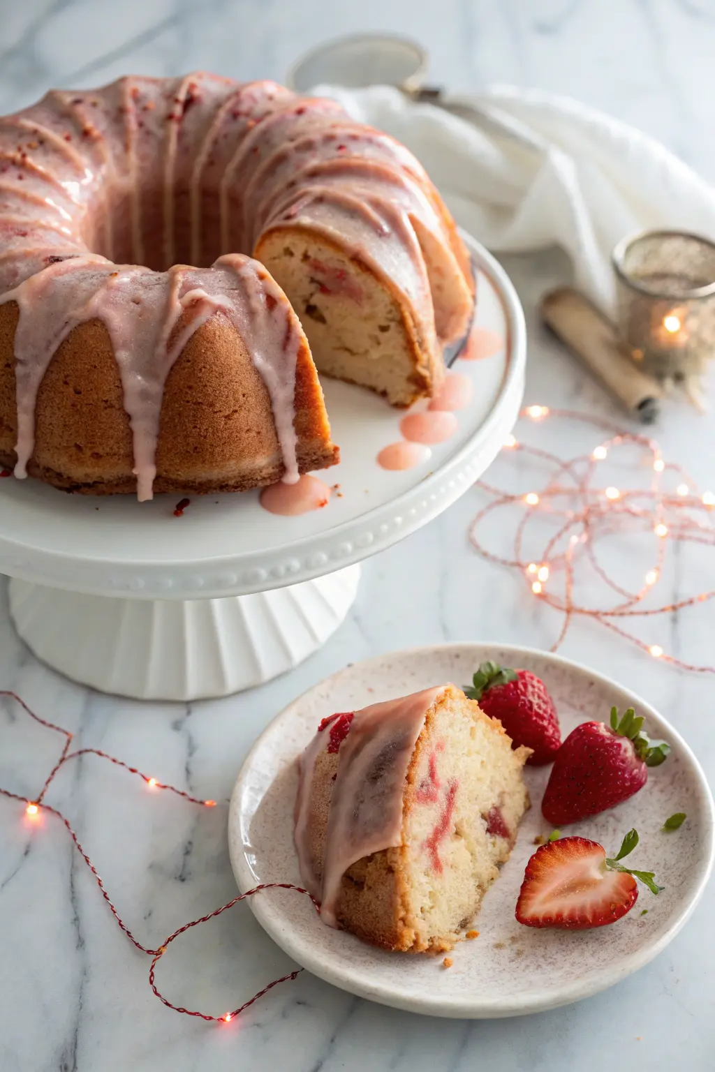 Strawberry Pound Cake on a white cake stand with a slice taken out of it.