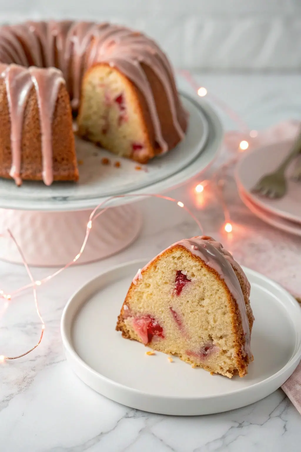 A slice of a Strawberry Pound Cake on a white plate.