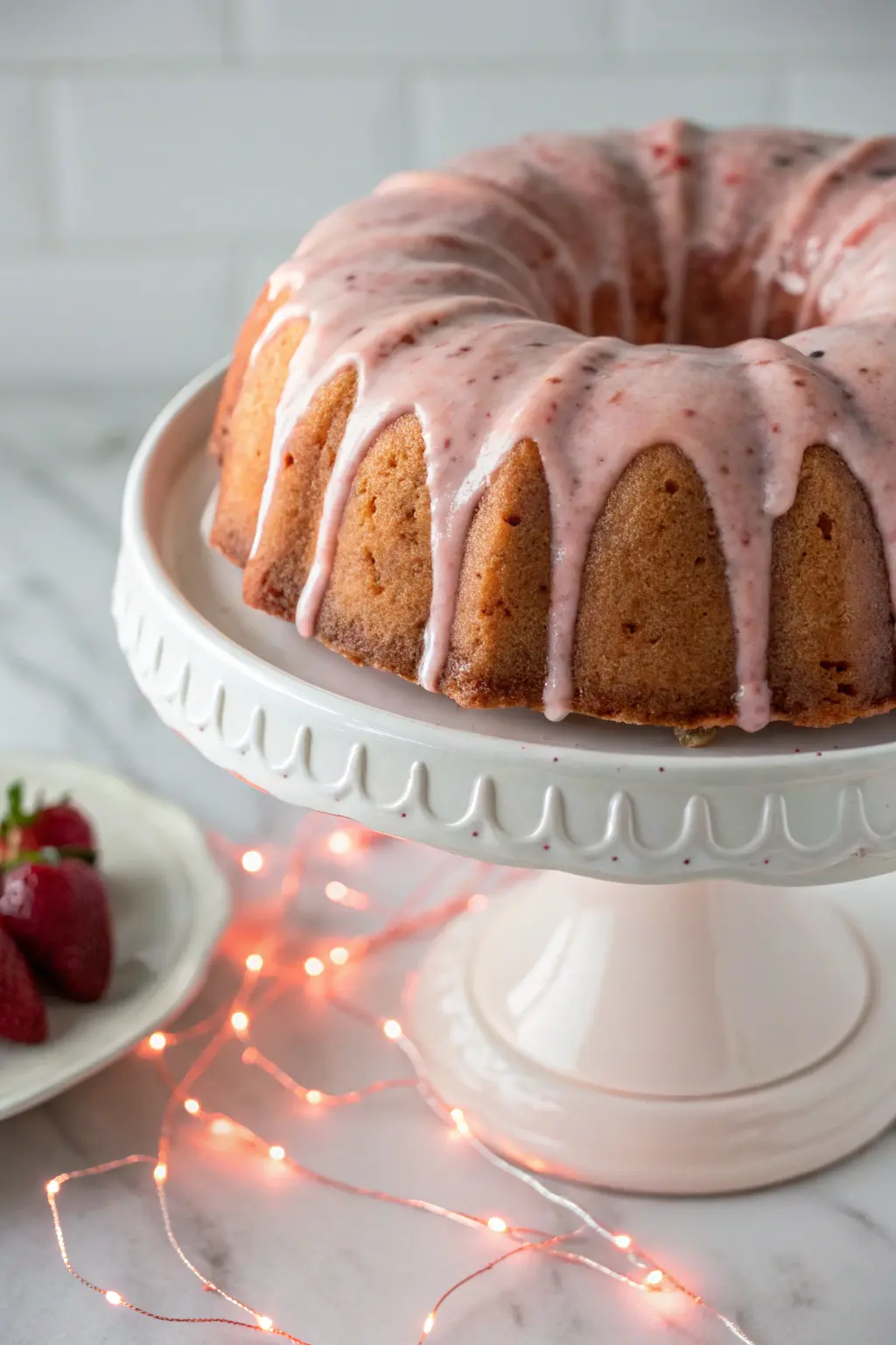 Strawberry Pound Cake on a white cake stand, topped with a fresh strawberry glaze.