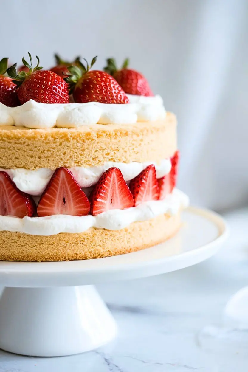 Lemon Blueberry Cake on a white cake stand against white marble surface.