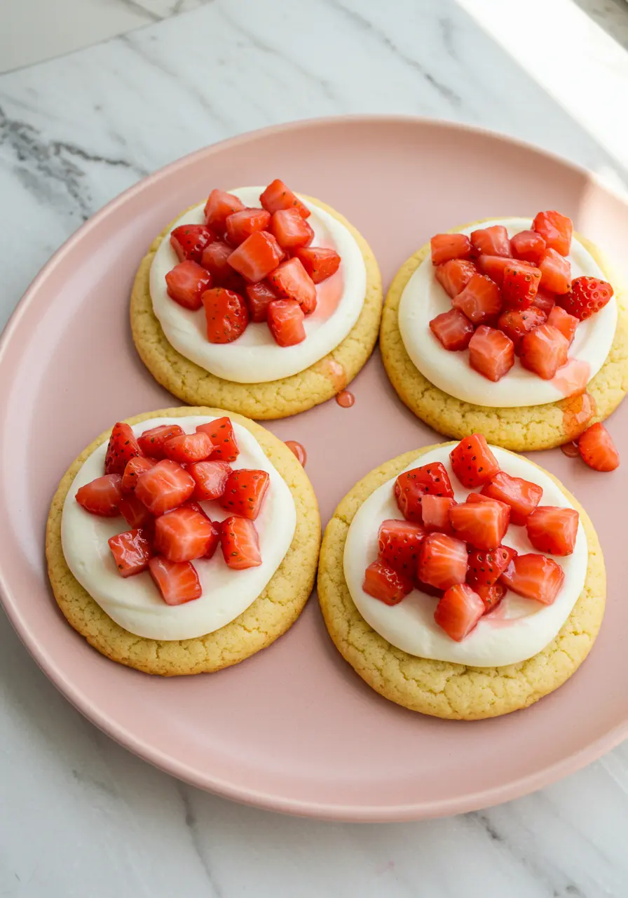 Strawberry shortcake cookies on a light pink plate against a white marble surface.