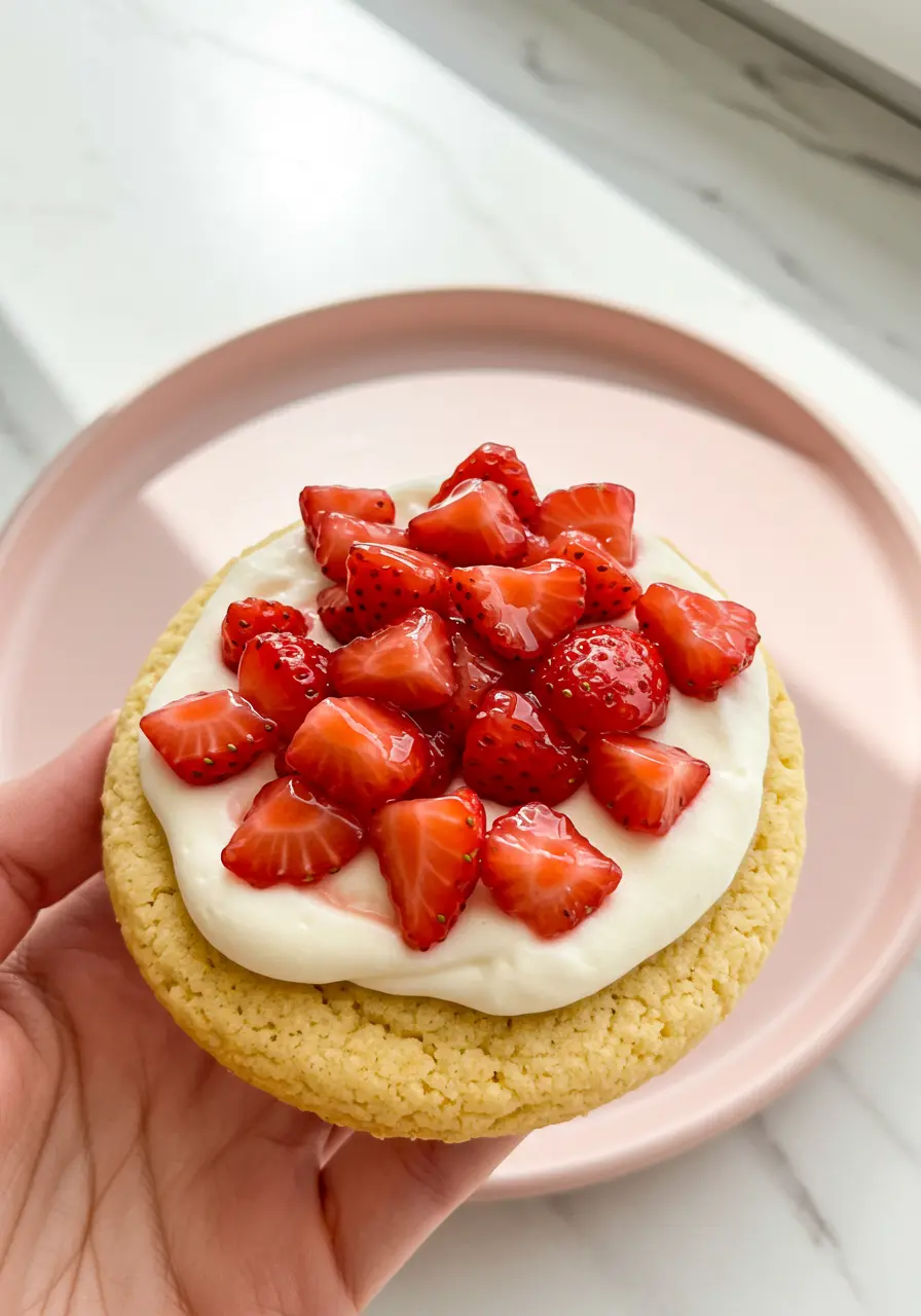 A hand holding one strawberry shortcake cookie.