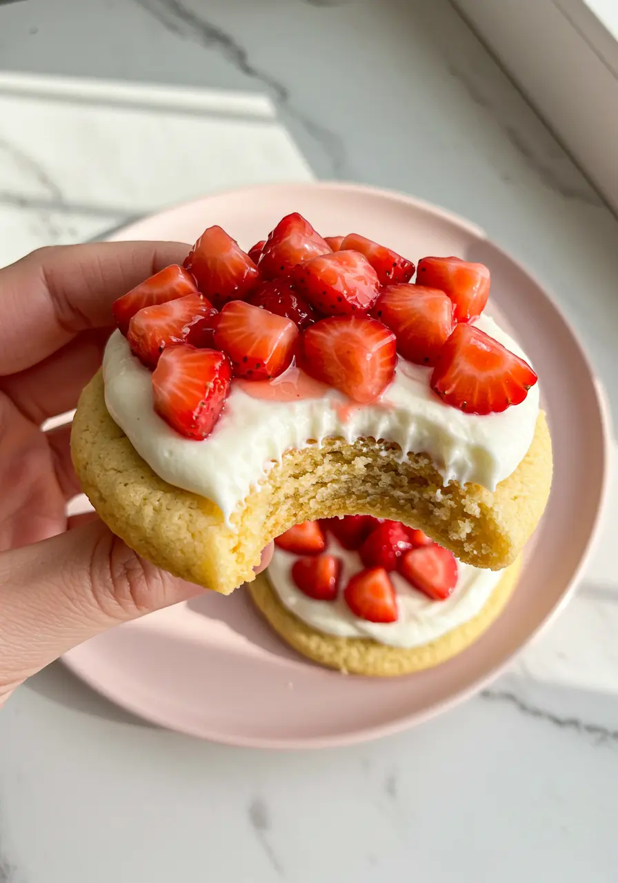 A hand holding one strawberry shortcake cookie with a bite missing.
