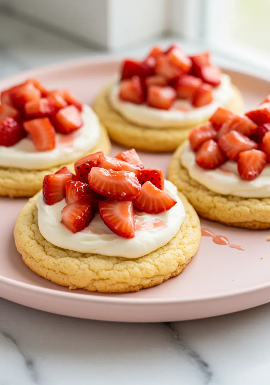 Strawberry shortcake cookies on a light pink plate.