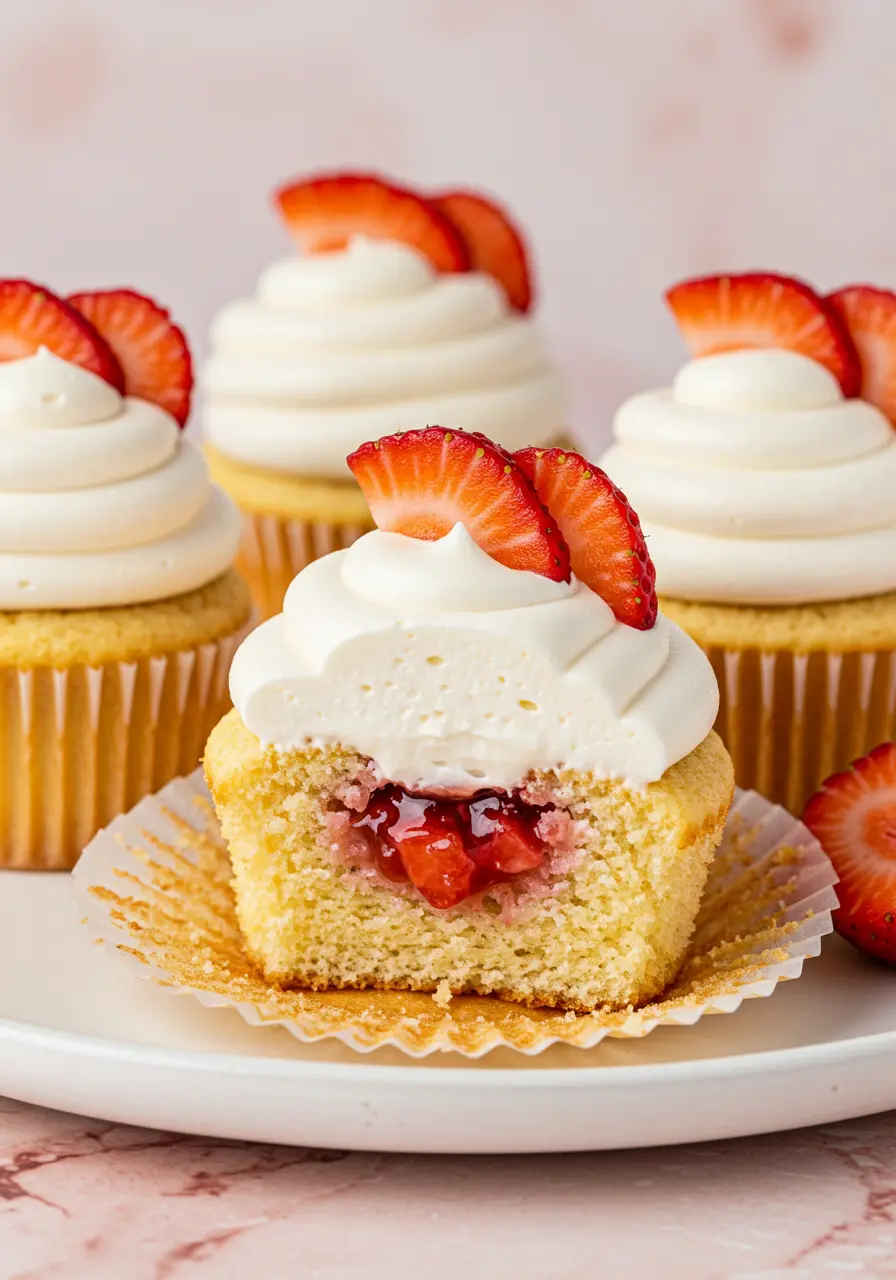 Strawberry shortcake cupcakes on a white plate and one of them split into half.