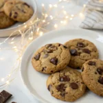 Sugar free chocolate chip cookies on a white plate and LED string lights next to the plate.