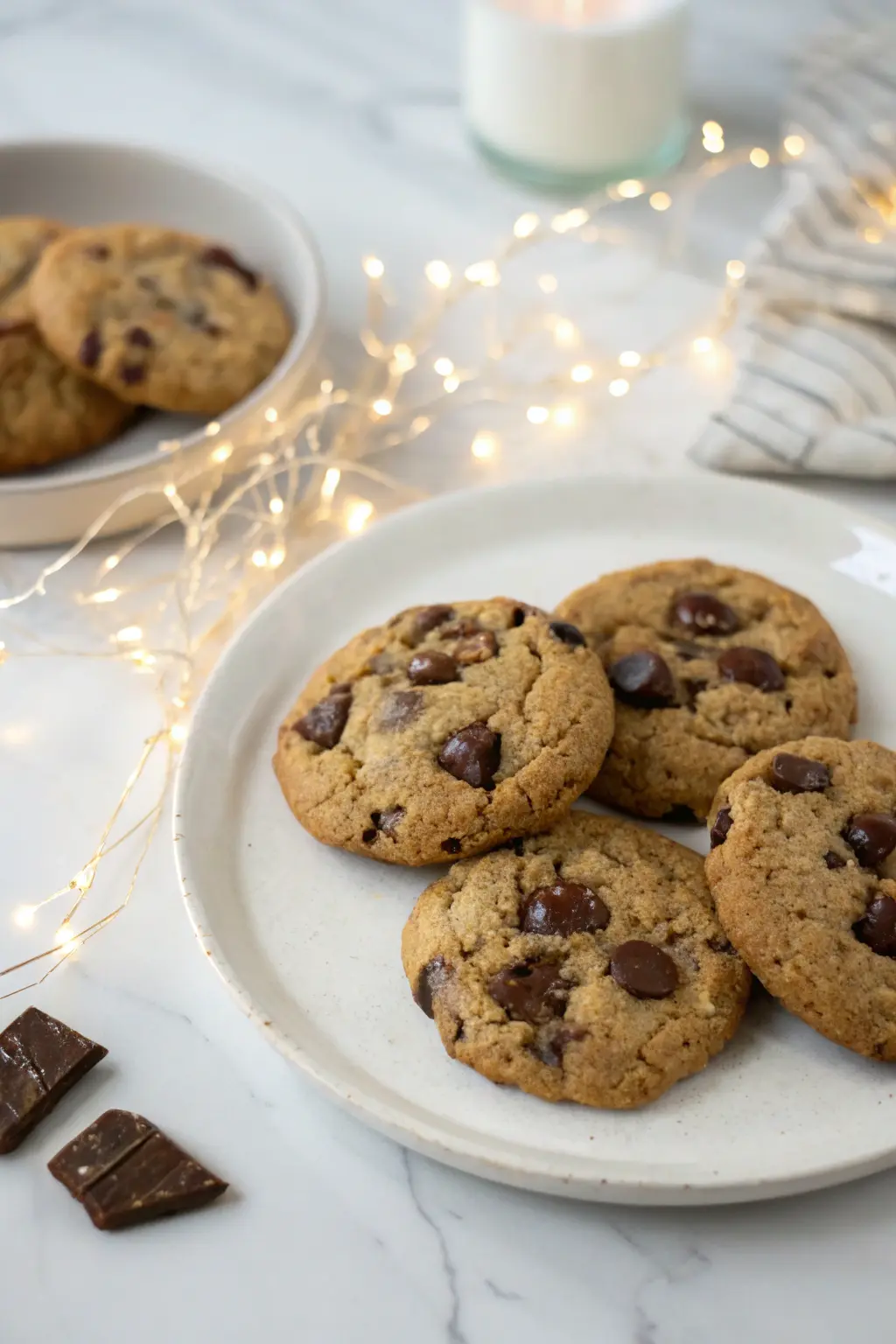 Sugar free chocolate chip cookies on a white plate and LED string lights next to the plate.