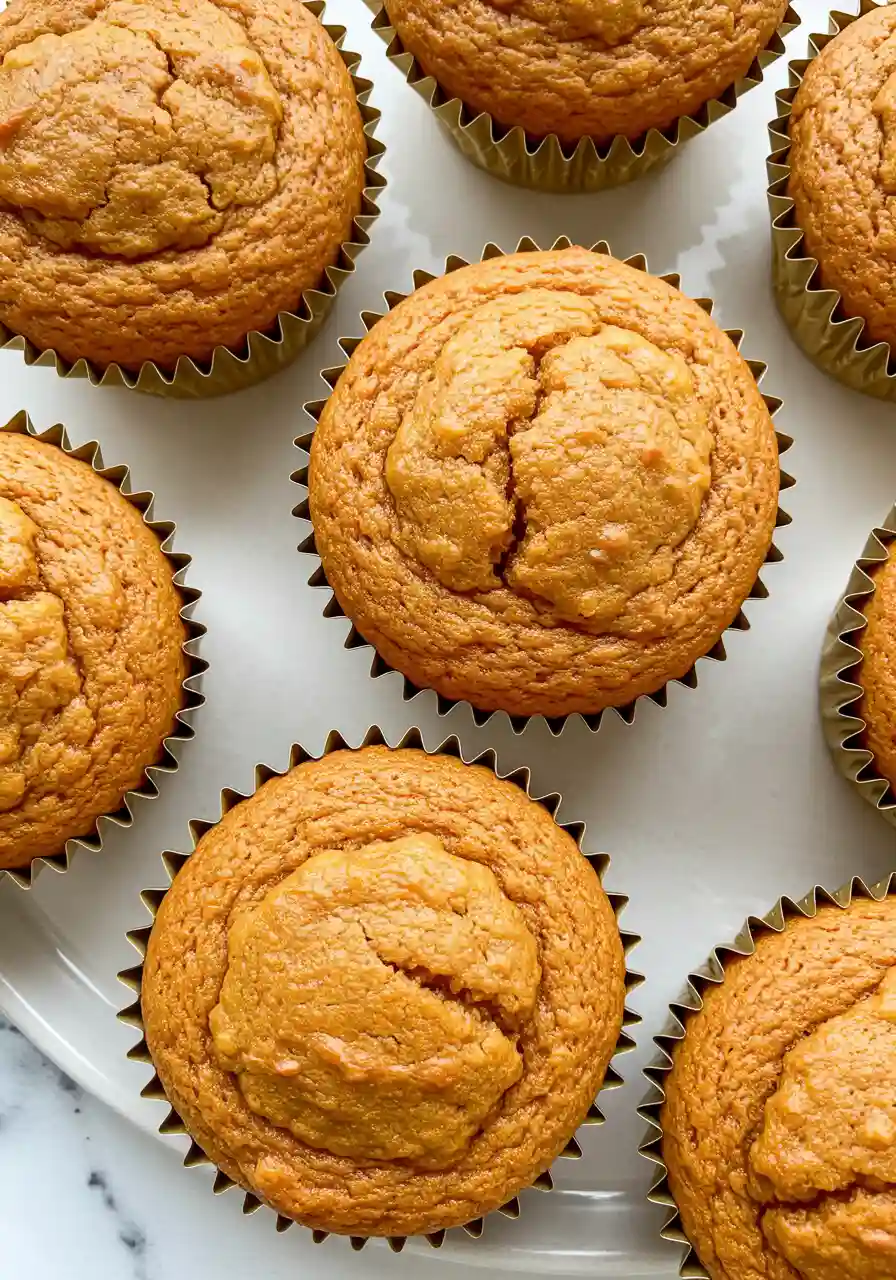 Sweet potato muffins on a white plate against a white marble surface.