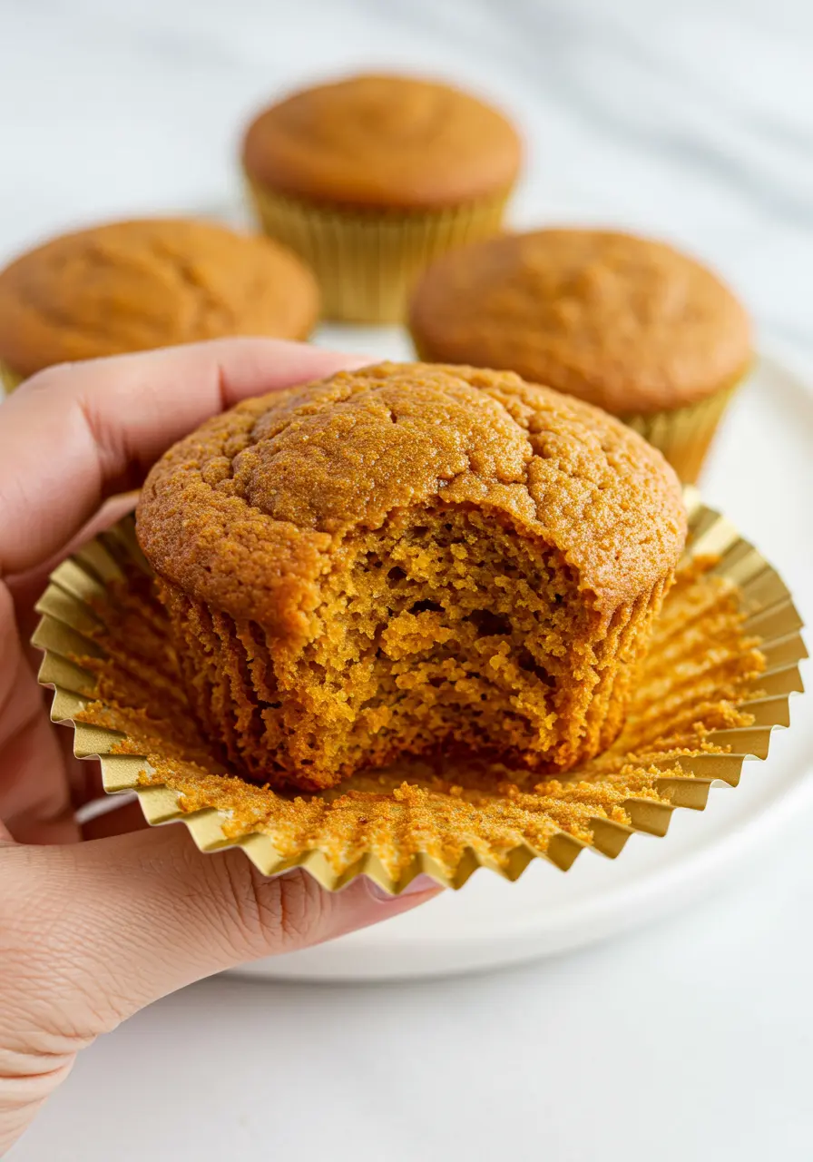 A hand holding a sweet potato muffin with a bite taken out of it.