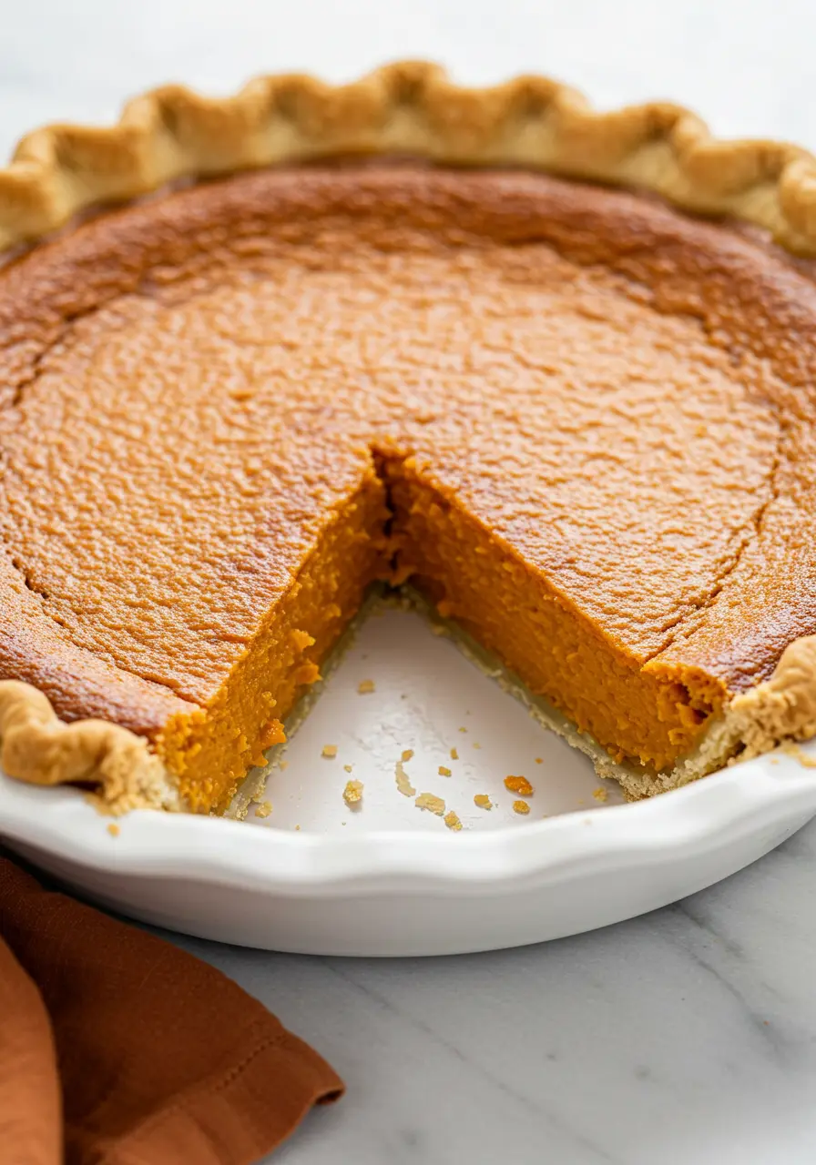 Sweet potato pie in a white pie dish with a slice missing.