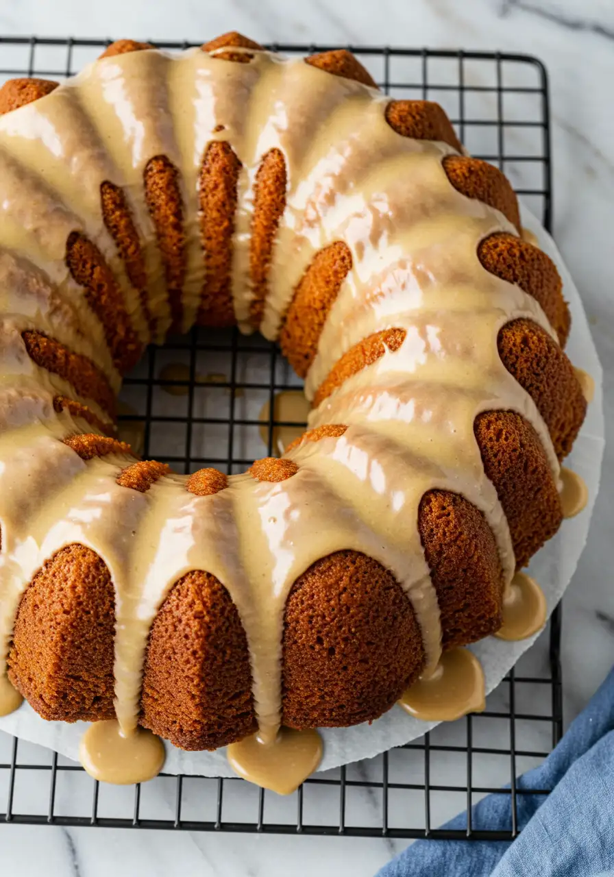 Sweet potato pound cake on a black rack against a white marble.