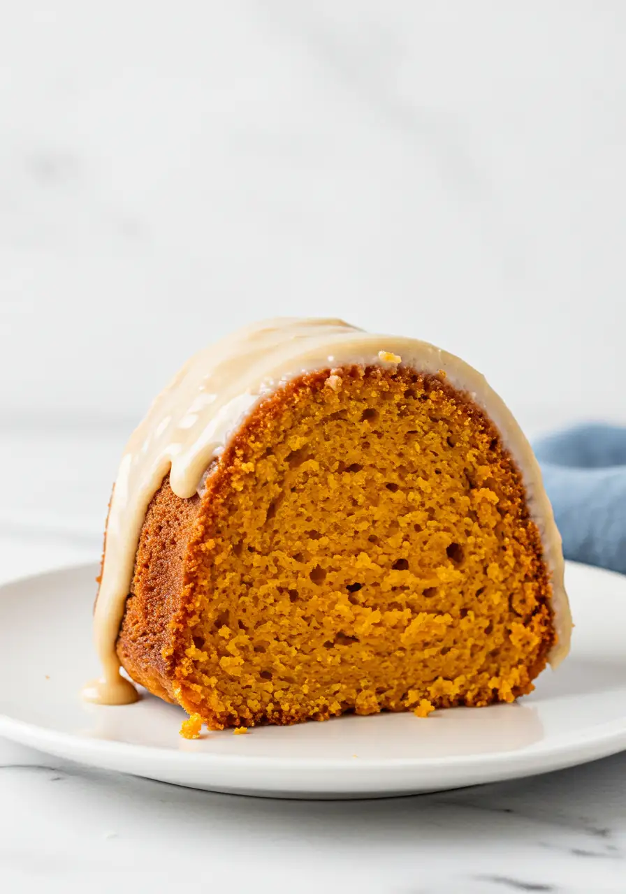 A slice of sweet potato pound cake on a white plate against a white marble.