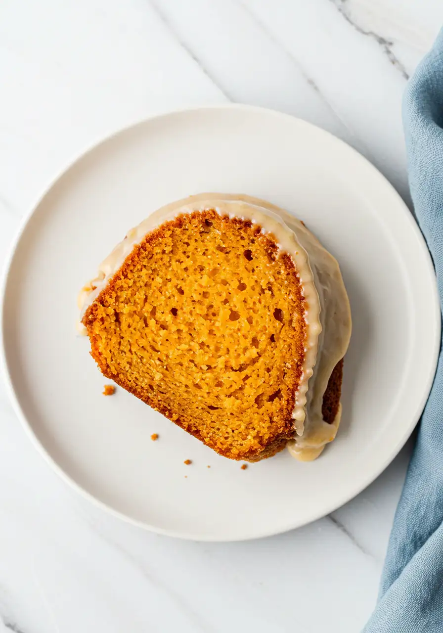 A slice of sweet potato pound cake on a white plate and a blue napkin next to it.