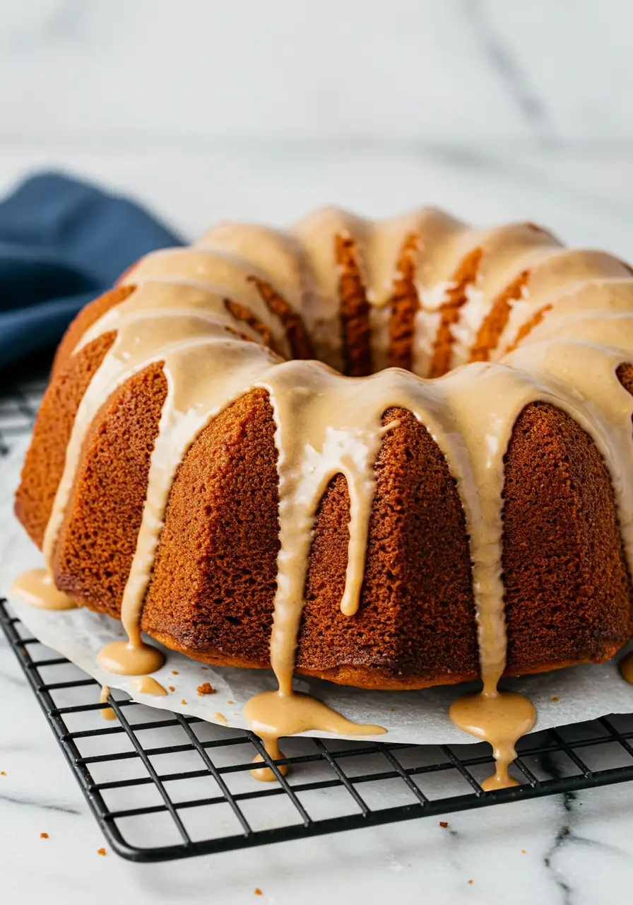 Sweet potato pound cake on a black rack and drizzled with maple glaze.