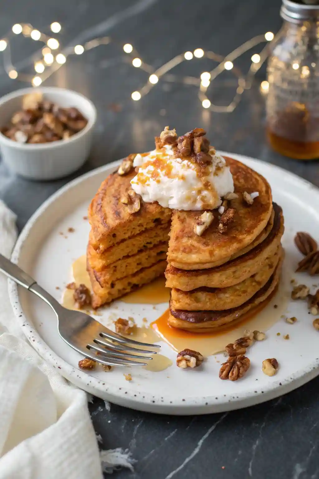 Sweet potato pancakes on a white plate topped with Greek yogurt and chopped nuts.