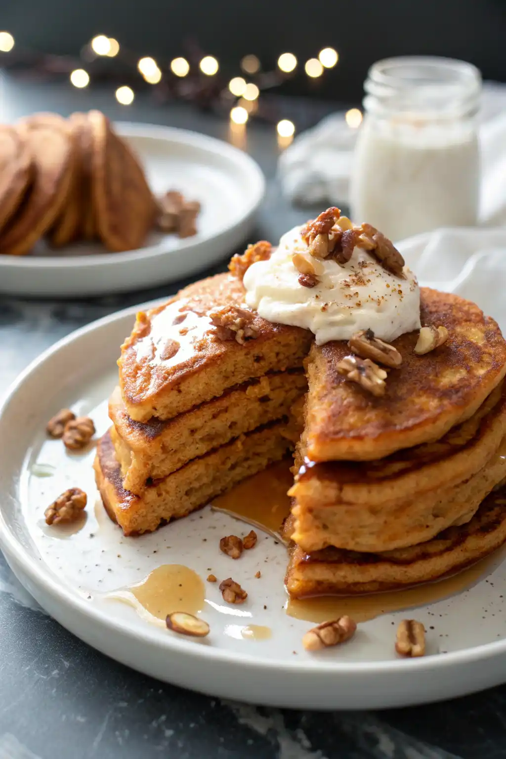 Sweet potato pancakes topped with Greek yogurt and chopped nuts.