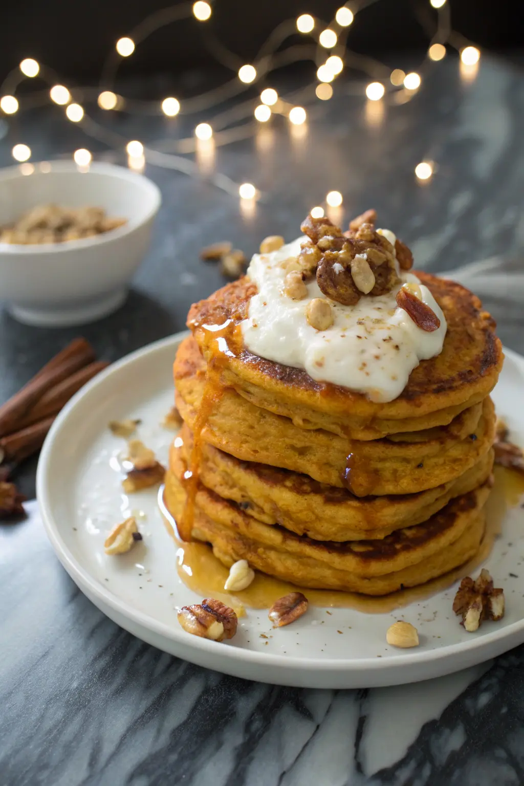 Sweet potato pancakes on a white plate against a dark marble surface.