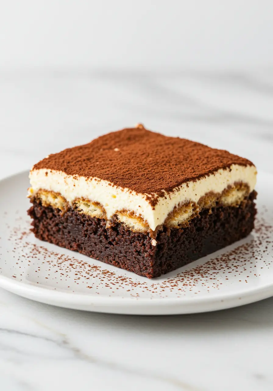 A slice of tiramisu Brownies on a white plate against a white marble surface.