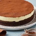 Tiramisu cake on a big white plate against a light blue surface and a brown napkin and a mesh sieve with cocoa marks are placed nearby.