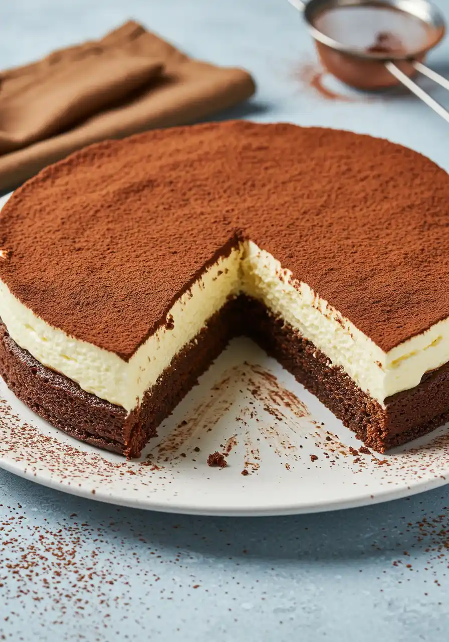 Tiramisu cake with a slice missing on a big white plate against a light blue surface.