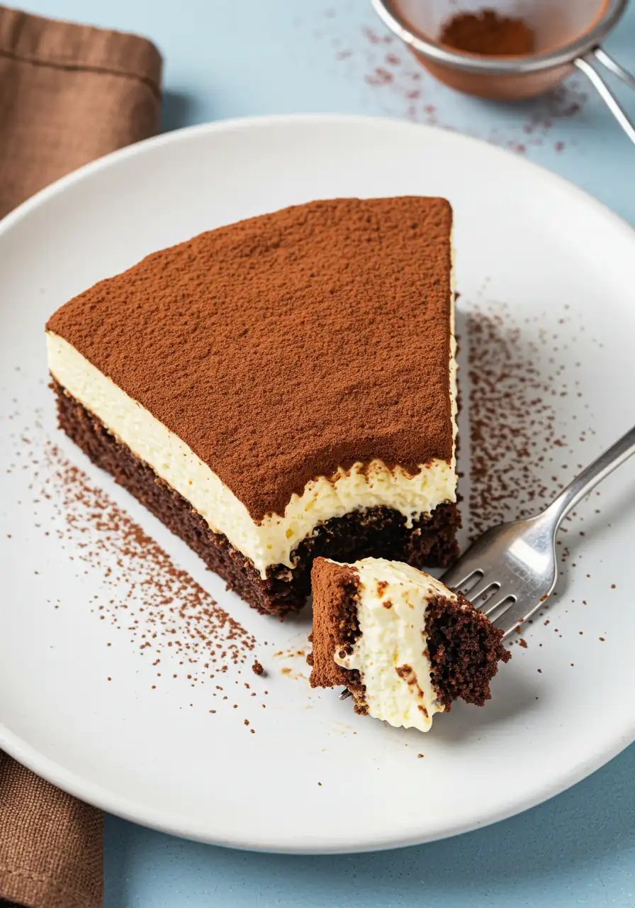 Fork holding a bite of tiramisu cake, with blurred light blue surface and brown napkin in the background.