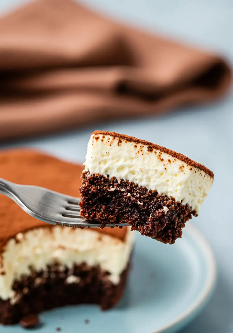 A slice of tiramisu cake with a forkful bite taken out of it placed on a white plate against a light blue surface.