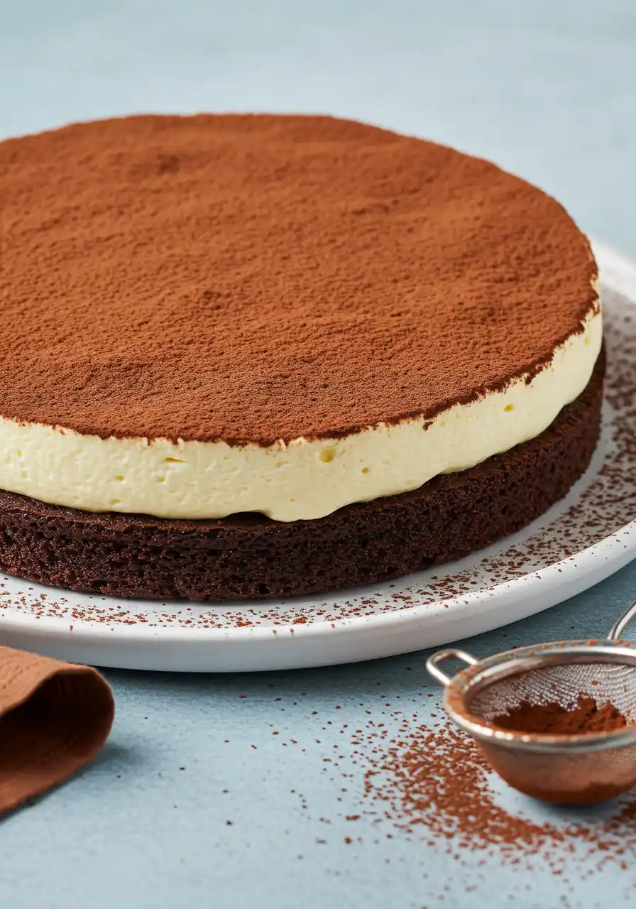 Tiramisu cake on a big white plate against a light blue surface and a brown napkin and a mesh sieve with cocoa marks are placed nearby.