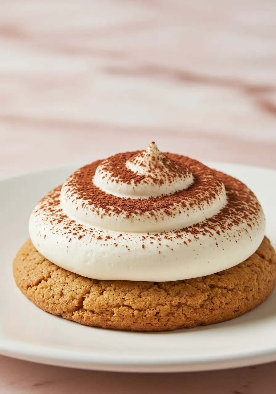 Single tiramisu cookie on a white plate.