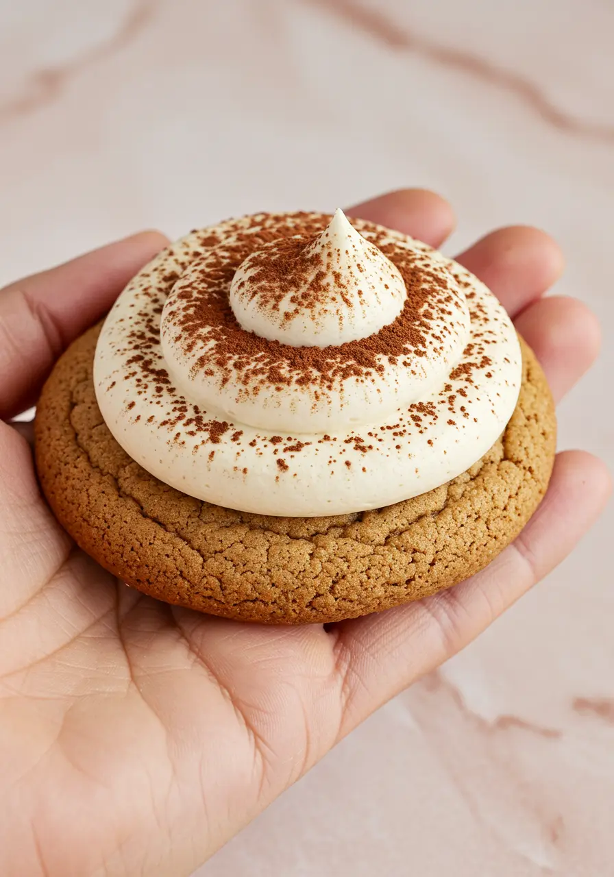 A single tiramisu cookie rests on the palm of a hand.
