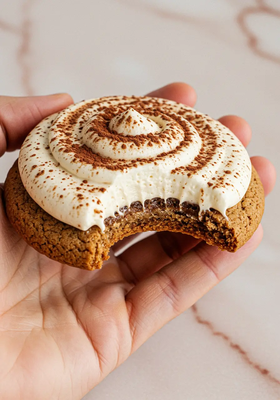 A hand holding one tiramisu cookie with a bite taken out of it.