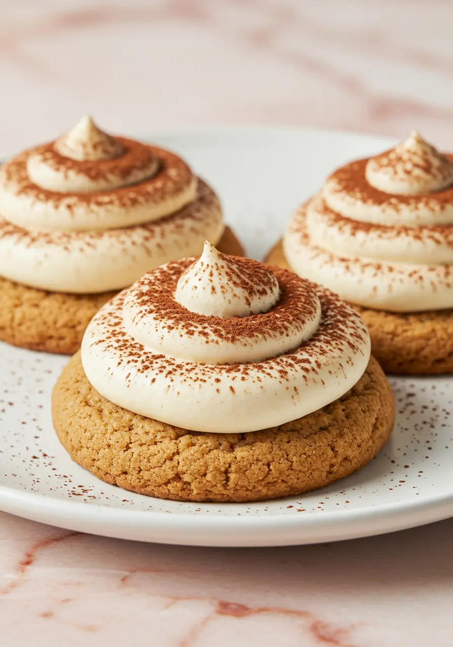 Three tiramisu cookies on a white plate against a light pink marble surface.