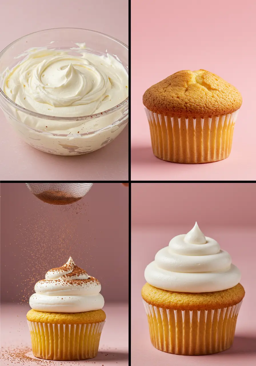 The steps of making tiramisu cupcakes.
