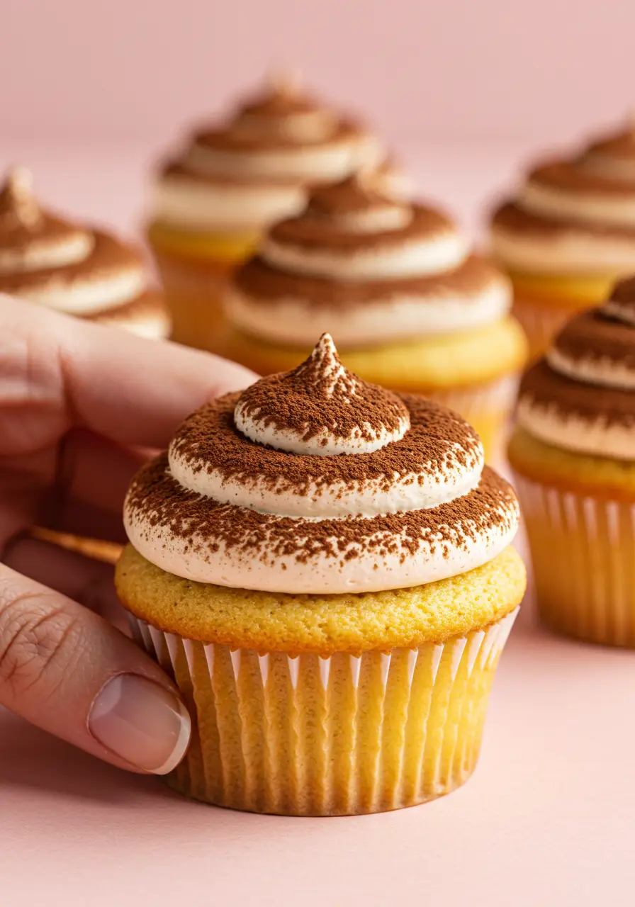 Tiramisu cupcakes placed on a light pink surface.