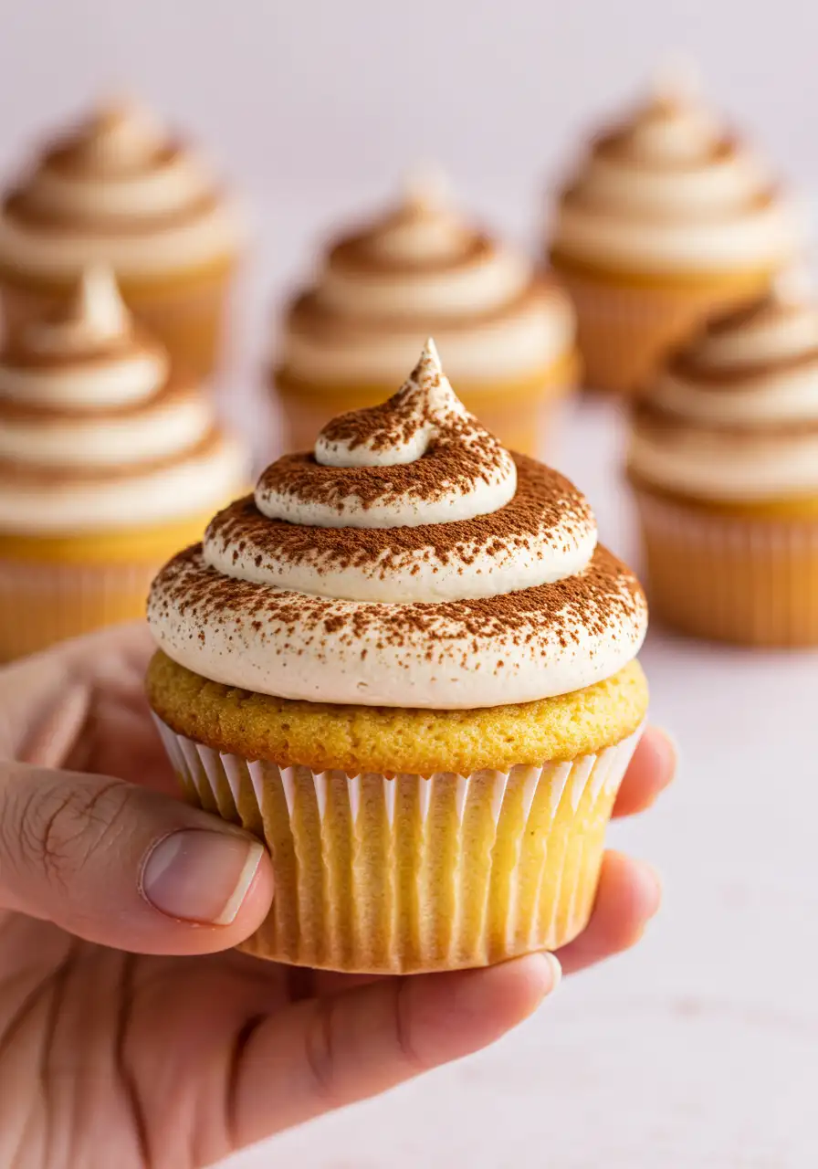 A hand holding a tiramisu cupcake.