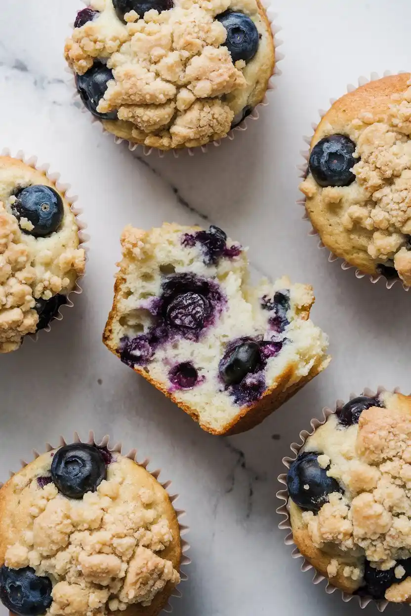 Top down view of to die for blueberry muffins on a white marble surface, featuring one muffin split in half to reveal its soft interior.