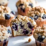 To Die For Blueberry Muffins, featuring one muffin split in half to reveal its soft interior.