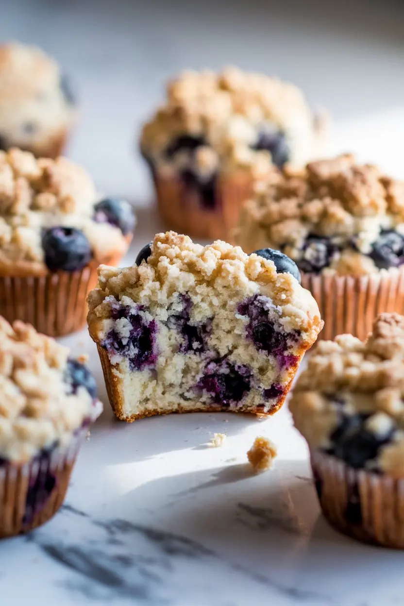 To Die For Blueberry Muffins, featuring one muffin split in half to reveal its soft interior.