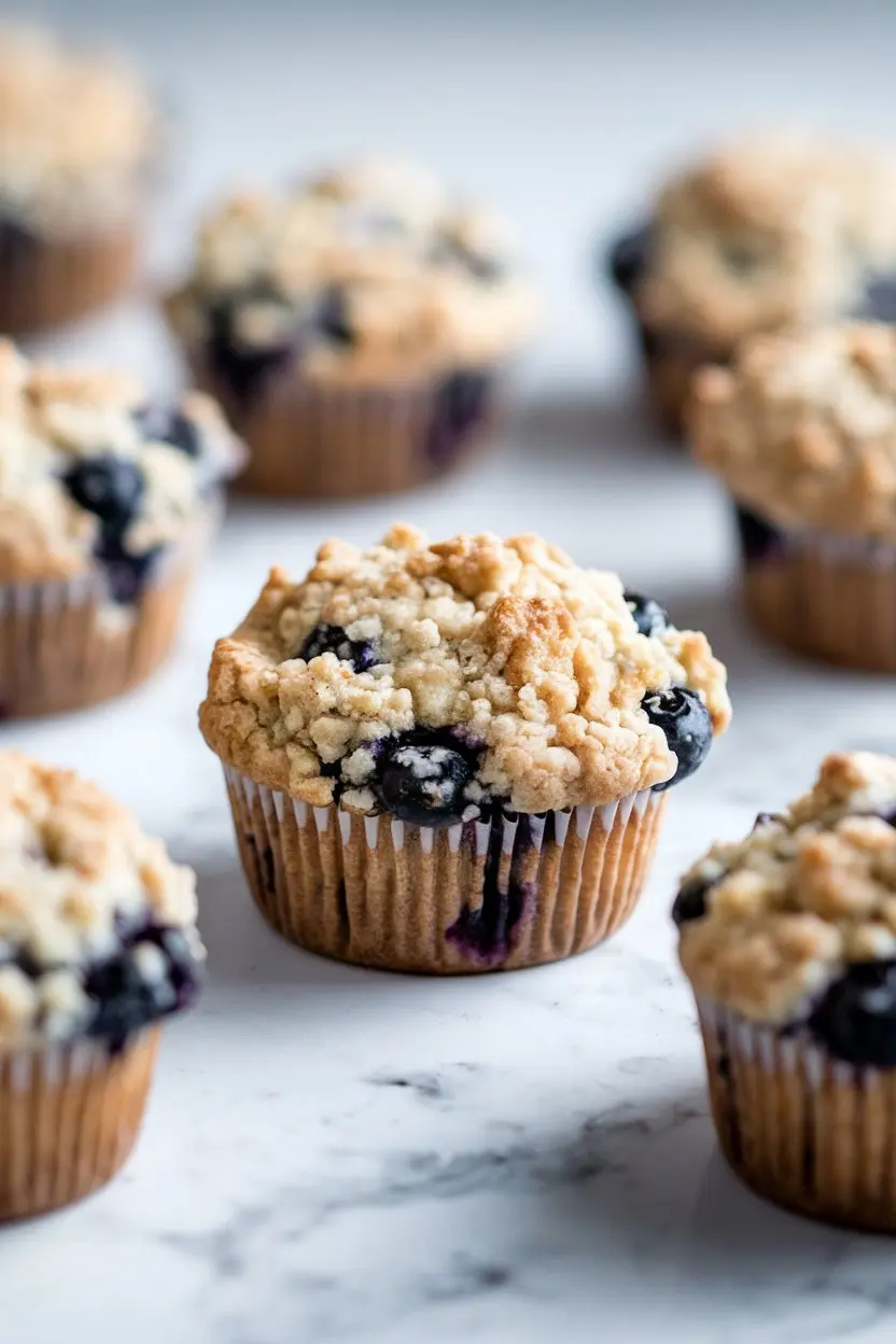 To Die For Blueberry Muffins on a white marble surface.