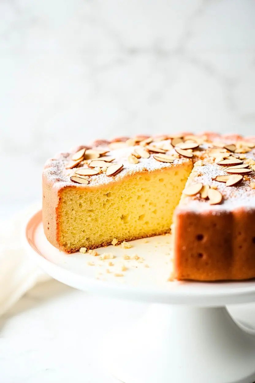 Vanilla Almond Cake with a slice taken out of it.
