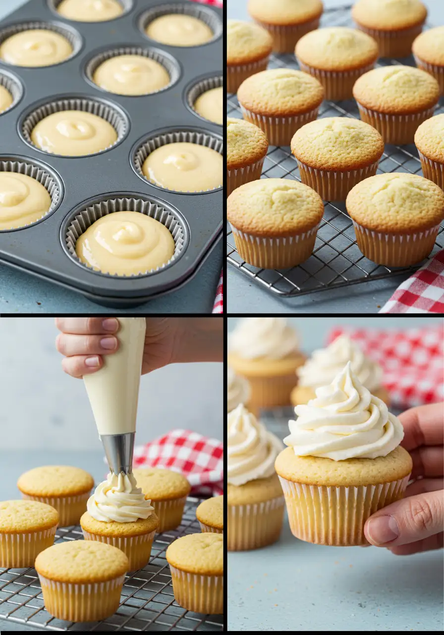 Collage showing the process of making vanilla cupcakes, from batter to baked, frosting, and the final cupcake held in hand.