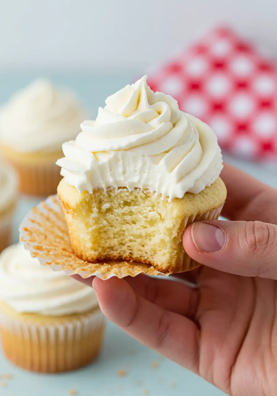 A hand holding a vanilla cupcake with a bite taken out of it.