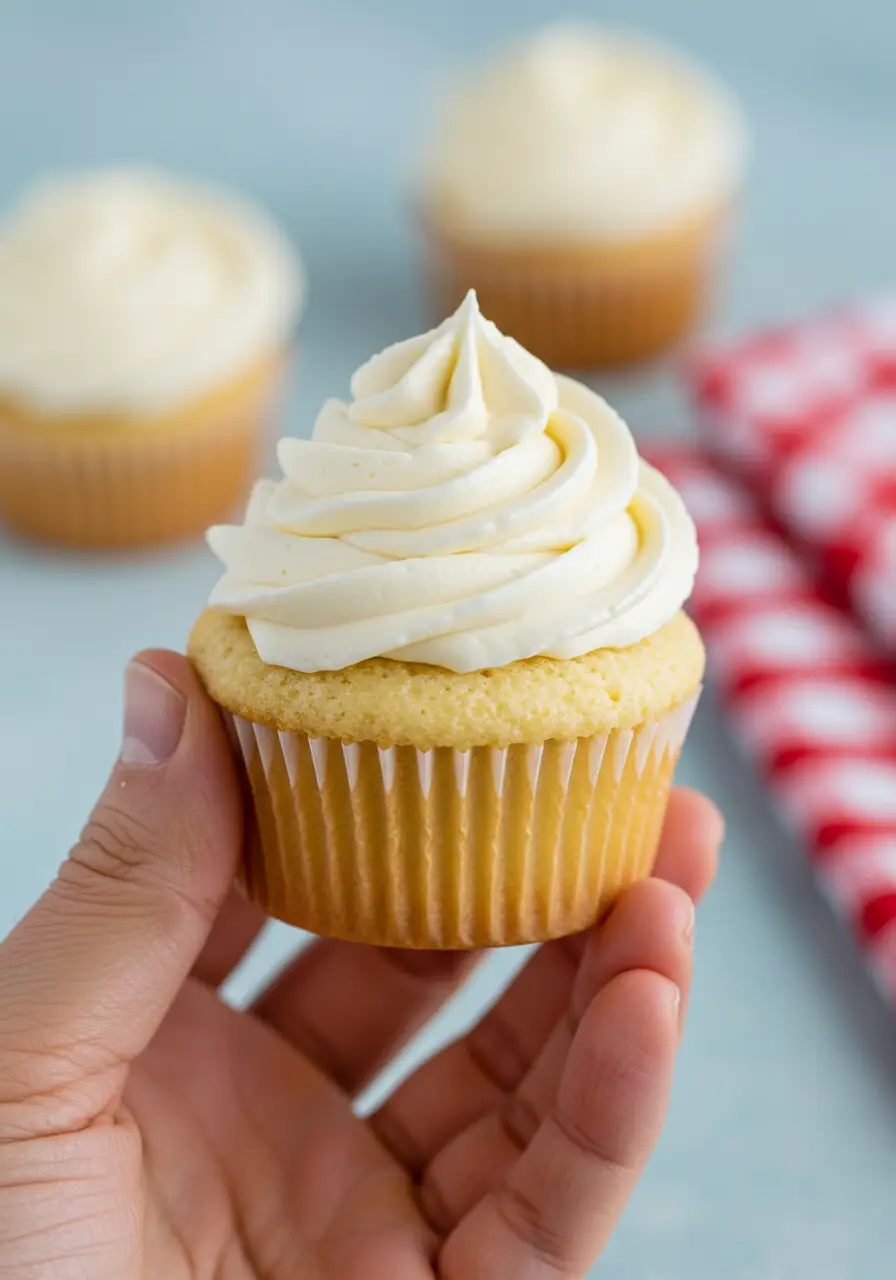 A hand holding a vanilla cupcake.
