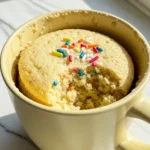 Vanilla mug cake in a light-yellow mug against a white marble plate.