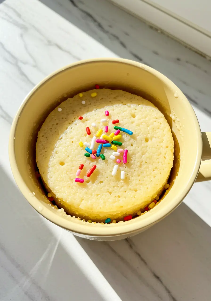 Vanilla mug cake in a light-yellow mug.